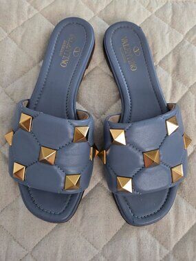 Valentino Garavani Blue Leather Gold Studded Sandals Flip Flops EUR 35.5/ US 5
